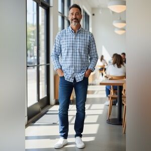 Peter Millar men's long-sleeve cotton blue and white check button-down shirt. L